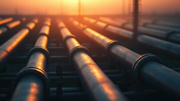 Industrial pipeline sunset urban setting photography silhouetted environment close-up view energy concept photo