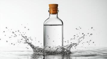 Dynamic water splash from a clear glass bottle studio setting high-quality photography minimalist aesthetic photo