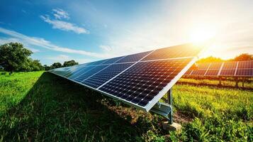 Harnessing solar energy solar panels in a sunny field nature photography sustainable environment bright viewpoint photo