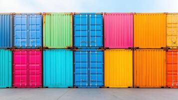 Vibrant shipping containers in urban setting colorful industrial artwork modern environment aerial view containerization concept photo