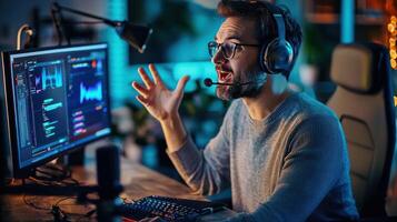 Engaged podcast host passionately discussing topics during live broadcast using advanced technology photo
