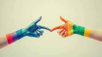 Symbolic hands reaching towards each other with colorful cuffs, expressing unity and connection. photo
