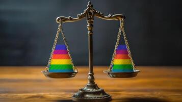 Balanced scales of justice with rainbow weights symbolize equality and rights activism. Perfect for pride month and legal photo