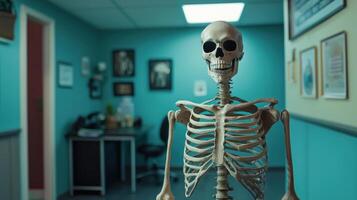 skeleton posed humorously in doctor office, perfect for April Fools Day. photo