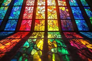 Rainbow stained glass window design creates vibrant unity theme with colorful reflections. light casts beautiful patterns photo