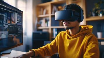 A Student learning remotely with VR headset, showcasing technology innovation and cloud computing education. photo