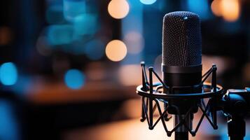 High quality microphone in studio setting with blurred lights photo