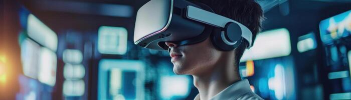 Virtual reality user experiencing immersive technology in modern setting, showcasing innovation and cybersecurity awareness photo