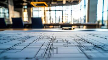Blueprints on table in modern meeting room, showcasing strategic planning for infrastructure projects photo