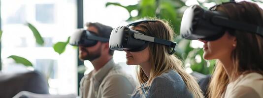 Collaborative team using virtual reality for financial services solutions photo