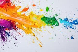 Rainbow paint splatters on canvas create joyful and vibrant scene, perfect for artistic expression photo