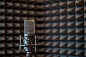 Minimalist podcast studio with microphone ready for recording in soundproof environment photo