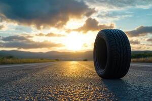 lone tire rolls down highway under beautiful sunset sky, creating serene atmosphere photo