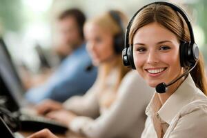 smiling woman in headset works in busy call center environment, showcasing teamwork and communication skills photo