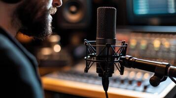 Focused individual recording podcast in soundproof studio, adjusting microphone with concentration and passion photo