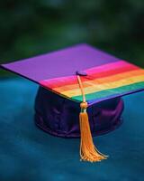 Rainbow colored graduation cap symbolizes pride and progress, perfect for celebrating rights. blurred background adds depth photo