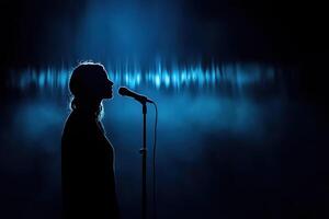 silhouette of person speaking into microphone, soundwaves echoing in dark, creating dramatic atmosphere photo