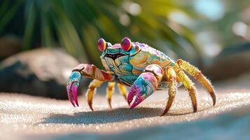 colorful crab with vibrant patterns scuttling across sandy beach photo
