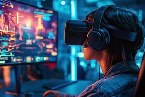 Gamer immersed in virtual world, experiencing technology innovation and cloud computing gaming photo