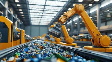 Robotic arms sorting recyclable materials in advanced automated waste management facility photo