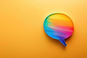 A Rainbow colored speech bubble promoting dialogue and awareness for rights activism during pride month, with ample copy space photo