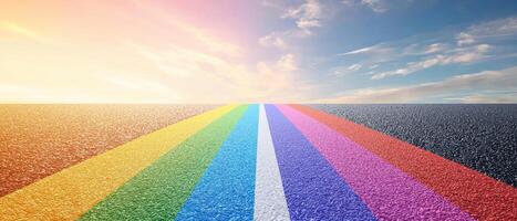 vibrant rainbow road stretches towards horizon, symbolizing hope and future. sunny landscape evokes sense of rights activism photo