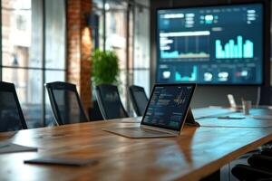A modern meeting room with wooden table, ergonomic chairs, and screen displaying analytics photo