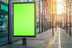 Empty digital billboard in London with modern design and green screen area, sunny day, perfect for editing content photo