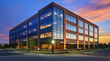 Modern office building at sunset with large glass windows and landscaped surroundings photo