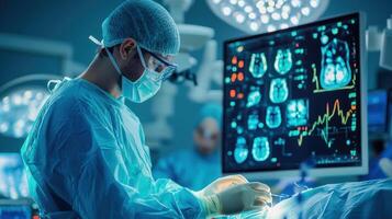 Surgeon performing remote surgery using advanced technology and 5G innovation healthcare, medical technology, and precision photo