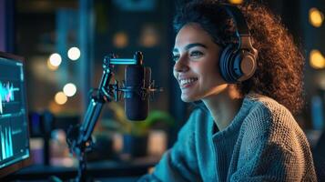 Podcast host smiling while broadcasting live with headphones and microphone photo