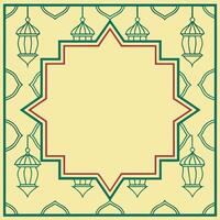 Elegant Islamic design with hanging lanterns and geometric frame, perfect for invitations or cards. vector