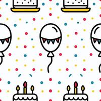 Festive birthday pattern with cakes, balloons, and confetti. vector