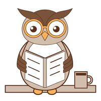 Cute owl wearing glasses reading a book with a cup of coffee on a table. vector