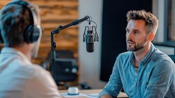 Podcast host and guest discussing ideas in broadcasting studio using technology photo
