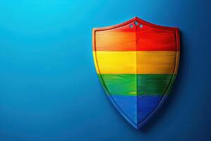 Rainbow colored shield representing protection and safety for rights activism, symbolizing pride month with abstract design photo