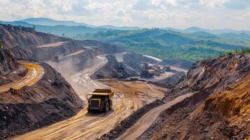 panoramic view of mining site with heavy machinery showcasing industrial operations and rugged terrain photo
