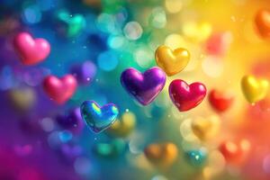 Rainbow colored hearts floating in air create joyful atmosphere photo
