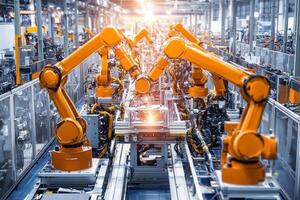 factory floor with robotic arms working efficiently, showcasing technology and innovation in automation photo