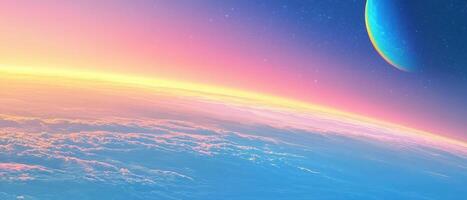 vibrant rainbow planet with colorful horizon and soft clouds photo