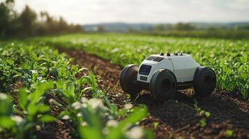 Farming robot in green field using 5G technology for innovative agriculture photo