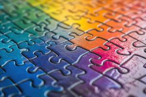 Rainbow colored puzzle pieces fitting together, symbolizing unity and pride photo