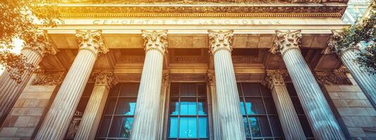 panoramic view of bank exterior, showcasing its columns and architecture, symbolizing trust and reliability financial services photo