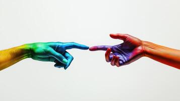 A Symbolic hands reaching towards each other with colorful cuffs, expressing unity and connection photo