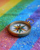 Rainbow colored compass pointing forward, symbolizing direction and progress in rights activism during pride month photo