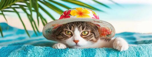 cat in floral sun hat lounging on beach towel with palm trees swaying in background, exuding relaxed vibe photo