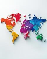 Rainbow colored puzzle pieces creating world map symbolizing global unity and rights activism. Perfect for pride month photo