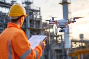 drone inspecting industrial site, showcasing technology in business automation and efficiency photo