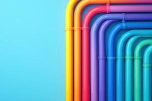 Colorful pipes creating rainbow gradient against blue background, symbolizing unity and creativity photo