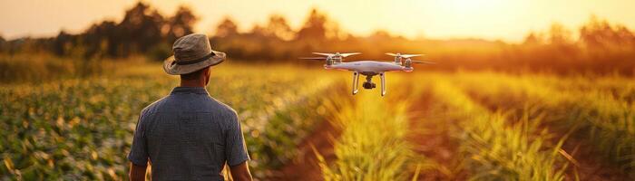 Farmer using drone in field at sunset, optimizing agriculture with technology photo